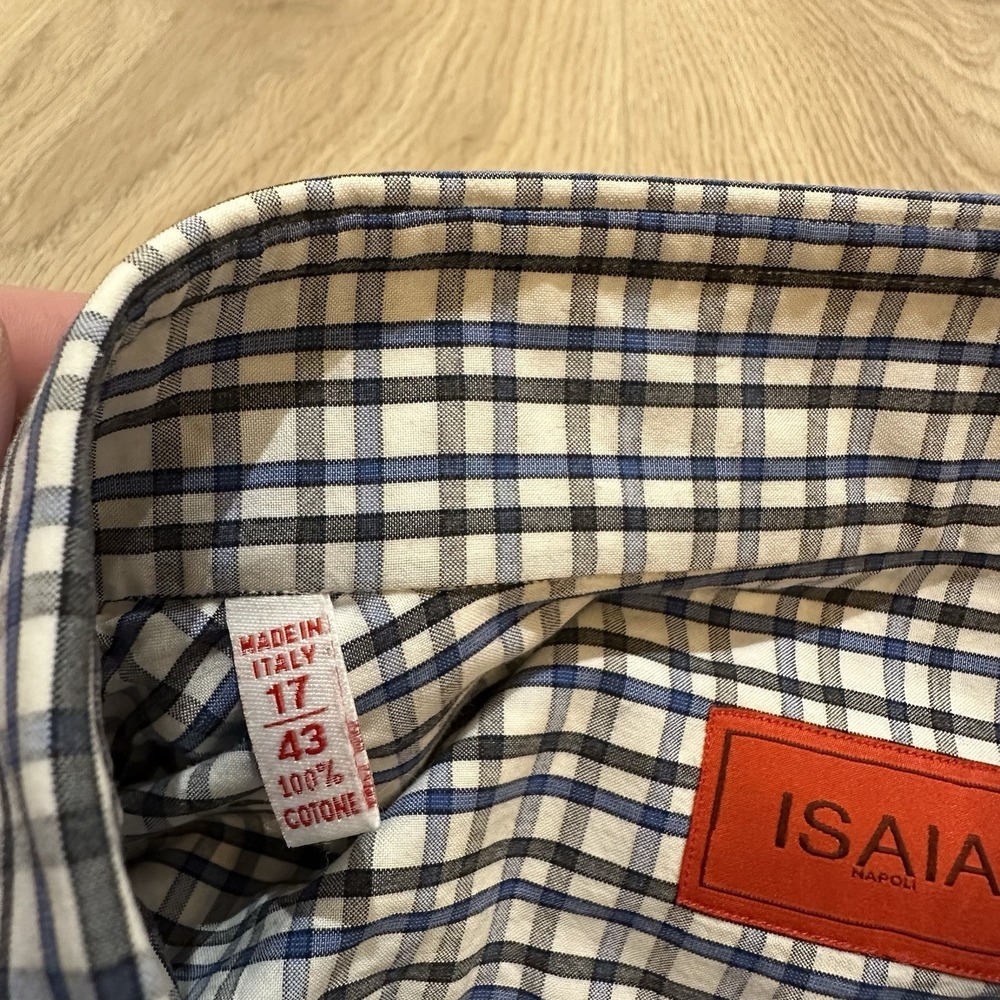 ISAIA Plaid Long Sleeve Button Up Shirt Blue Check Plaid 17 43‎ Made in Italy - Picture 2 of 8